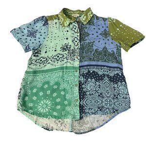 Sundance Bandana Mixed Tales Print Shirt Size S Green Blue Linen SS Button Down